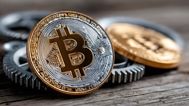 Bitcoin coin standing on gears, representing financial technology