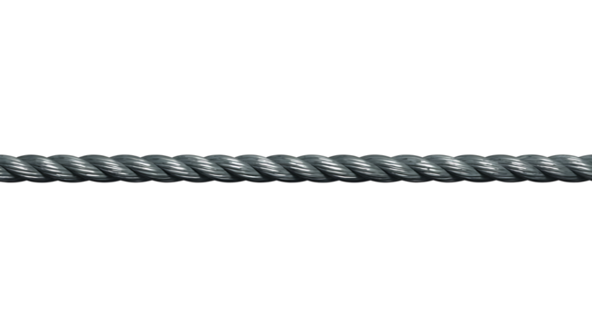 Shiny steel wire rope isolated on transparent background closeup, durable industrial metal cable with intricate twisted strands designed for heavy-duty support