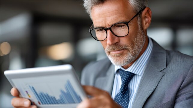 Mature businessman analyzing financial data on tablet screen