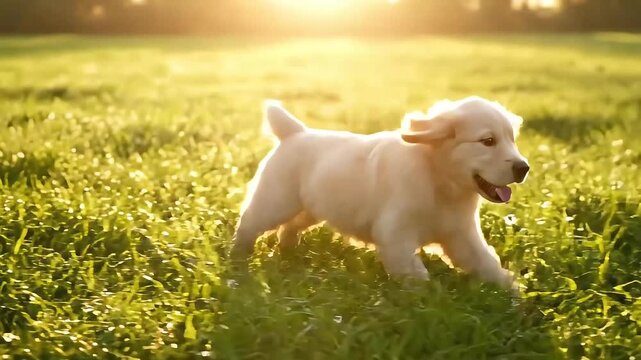 Joyful golden retriever puppy running through sun-drenched grassy field