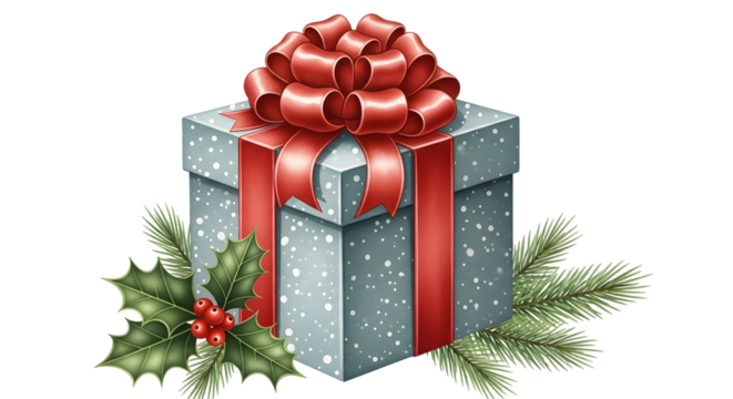 A festive light blue gift box with a red ribbon and bow, adorned with white speckles, surrounded by holly and pine branches, perfect for christmas celebrations - Powered by Adobe
