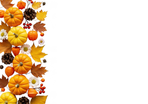 Autumnal border with pumpkins, leaves, and berries isolated on transparent background