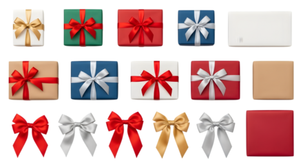 Collection of colorful gift boxes, ribbons, and bows arranged in rows on a transparent background, isolated for design purposes