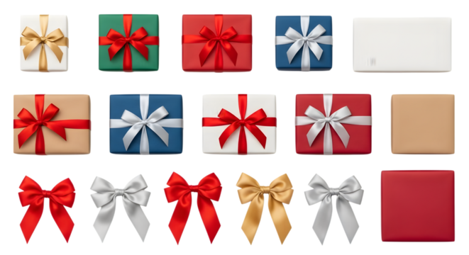Collection of colorful gift boxes, ribbons, and bows arranged in rows on a transparent background, isolated for design purposes