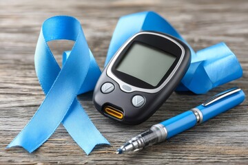 Blue ribbon with glucometer and device for diabetes awareness