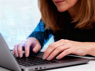Side view of man hands typing in laptop, glowing AI document management system, artificial intelligence brain hologram. Files or documents icons. Concept of online database and technology