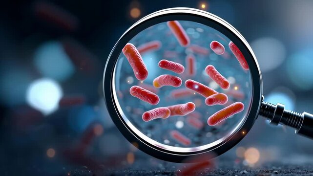 A magnified view of red bacteria under a microscope. The bacteria are small and clustered together. Concept of scientific exploration and discovery