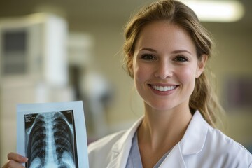 Confident doctor holding x-ray film, smiling in modern clinic, promoting healthcare and medical technology advancements for a healthy future