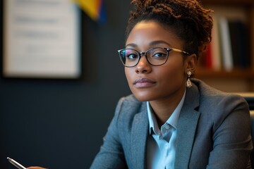 Confident businesswoman in stylish glasses ready to lead, a portrait of modern professional success in a bright and inviting office setting
