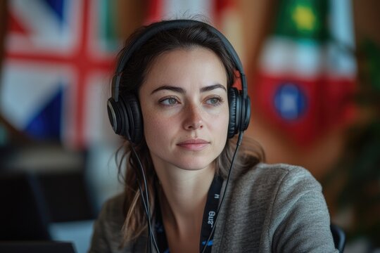 Multilingual support agent with headphones providing customer service, international flags backdrop, perfect for global communication concepts