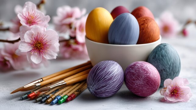 Decorating colorful easter eggs with brushes and spring blossoms