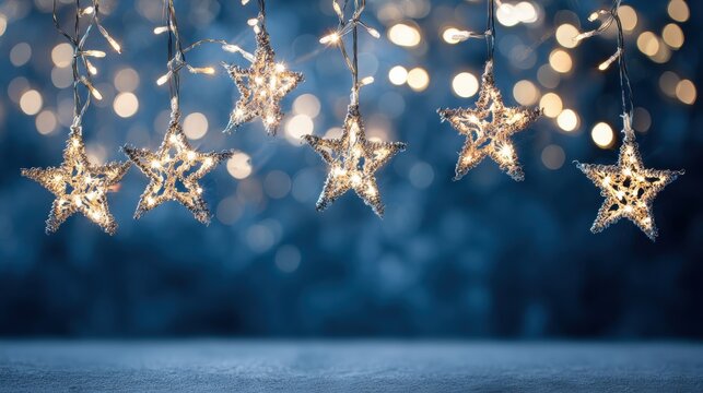 Bright star-shaped garland lights glowing beautifully in cool blue ambiance. Elegant Christmas background representing holiday spirit and joyful decoration