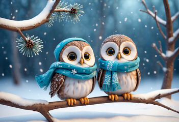Obraz premium Snowy landscape with two small 3D owls wearing scarves, on a tree branch