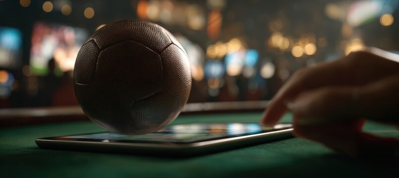 Football Hovering Above Tablet with Casino Lights Reflection
