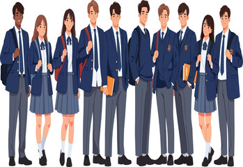 A diverse group of high school students standing together in their school uniforms, showcasing unity and academic spirit