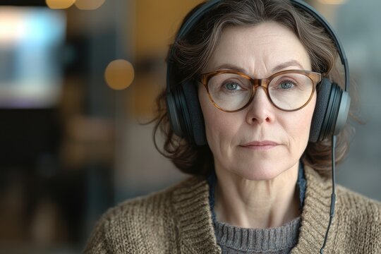 Focused woman wearing headphones and glasses listens intently, perfect for showcasing concentration, podcasting, or audio learning experiences