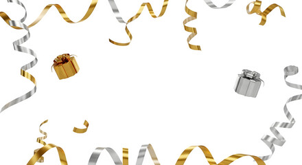 Festive gold and silver streamers and gift boxes scattered on a black background isolated on transparent background