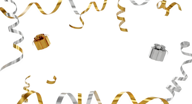Festive gold and silver streamers and gift boxes scattered on a black background isolated on transparent background