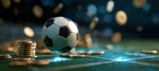 Floating Soccer Ball Over Virtual Field with Poker Chips and Coins, Digital Realism
