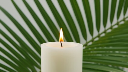 Cylindrical Candle Flame. A Serene Composition of Light and Botanical Form.