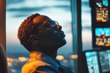 Modern professional analyzing data on multiple screens overlooking city lights, focused on stock market investment strategy and financial technology trends