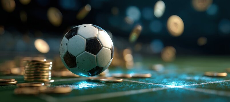 Floating Soccer Ball Over Virtual Field with Poker Chips and Coins, Digital Realism