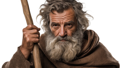 Elderly Cretan shepherd with staff on transparent background, biblical figure full-body PNG cutout symbolizing faith and wisdom for Christian design
