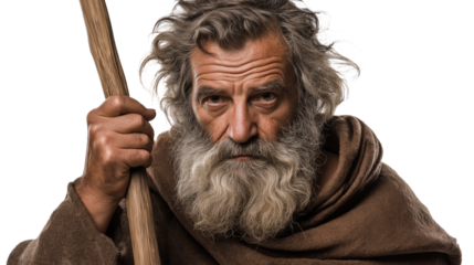 Elderly Cretan shepherd with staff on transparent background, biblical figure full-body PNG cutout symbolizing faith and wisdom for Christian design
