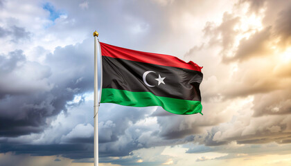 Libya's vibrant flag waving proudly against a dramatic sky at golden hour, symbolizing freedom, patriotism, and national pride, ready for commercial use