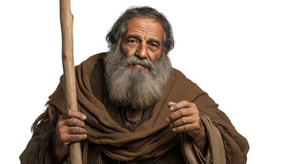 Elderly Cretan shepherd with staff on transparent background, biblical figure full-body PNG cutout symbolizing faith and wisdom for Christian design
