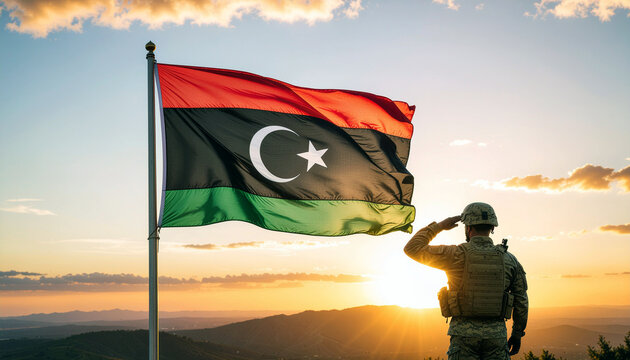 Libyan soldier saluting under a golden sunrise in a show of respect, honor, and patriotism with the national flag waving in the wind on the horizon