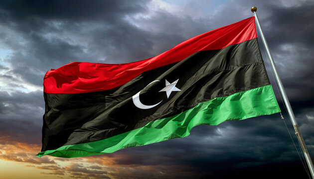 Dramatic Libya flag waving against stormy sky, a symbol of Libyan national pride and resilience, suitable for news or political contexts, ideal for media