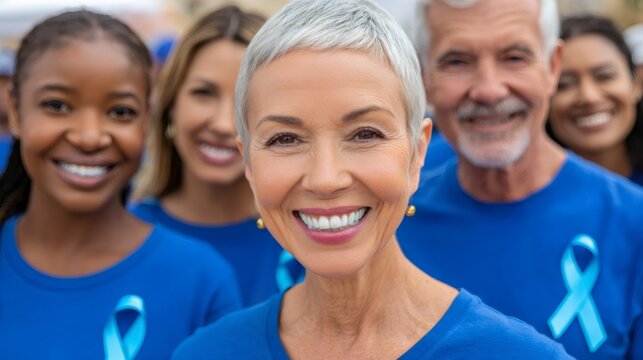 Diverse group wearing blue ribbons for disease awareness