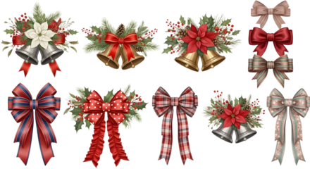 A collection of festive christmasthemed decorative elements including bells, poinsettias, holly, pine branches, and various bows