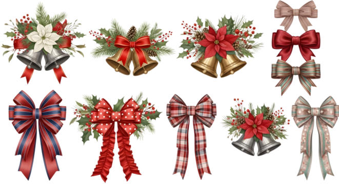 A collection of festive christmasthemed decorative elements including bells, poinsettias, holly, pine branches, and various bows - Powered by Adobe