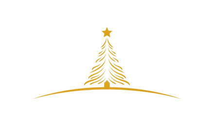 Stylized golden christmas tree silhouette with a star on top, standing on a curved line
