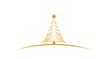 Stylized golden christmas tree silhouette with a star on top, standing on a curved line
