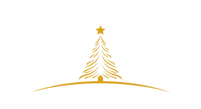 Stylized golden christmas tree silhouette with a star on top, standing on a curved line