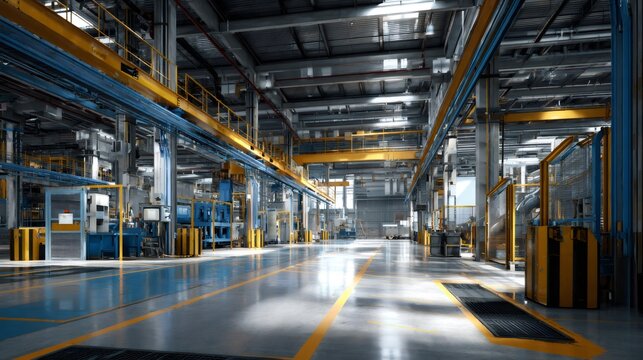 Empty manufacturing plant interior with machinery and production line