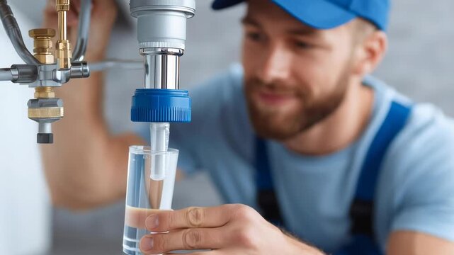 A plumber is fixing a sink and holding a clear container. Concept of practicality and hard work