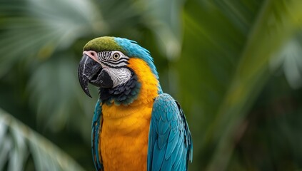 Obraz premium Feathered Friend. A Study in Blue, Gold, and Green with Textured Plumage.