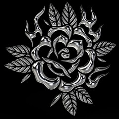 3D chrome rose with metallic flames and leaves. Futuristic tribal Y2K cyberpunk design perfect for streetwear graphics, digital tattoos, and modern neo-traditional metallic artwork