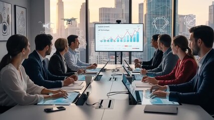 Diverse Business Team Engaged in Strategic Meeting with Data Presentation and Cityscape View. - Powered by Adobe