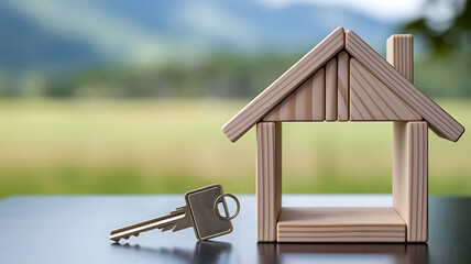Maison et clé de maison dans la nature, symbolise l'achat immobilier, la location et la construction immobilière