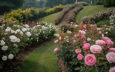 A Picturesque Rose Garden with Blooming Bushes and a Stairway to an Upper Level Hillside of Colorful Plants