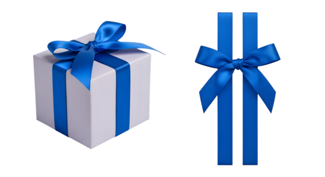 A white gift box with a vibrant blue ribbon and bow, and a separate blue ribbon with a bow, isolated on a transparent background