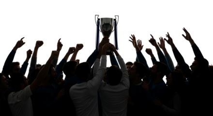 Team, celebrating victory holding up a silver trophy with blue ribbons, cutout, PNG isolated on white or transparent background