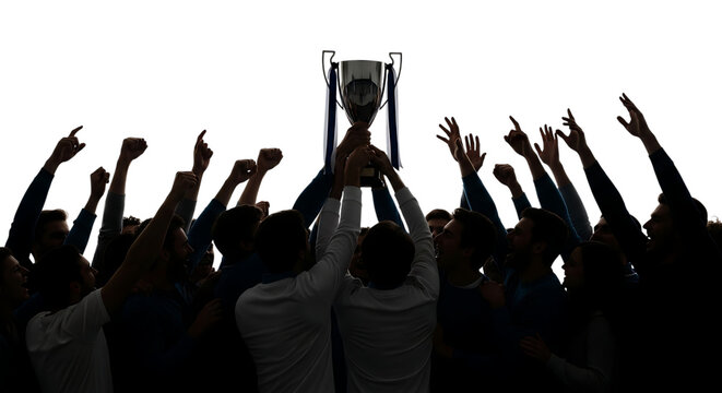 Team, celebrating victory holding up a silver trophy with blue ribbons, cutout, PNG isolated on white or transparent background