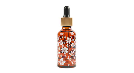 Amber glass dropper bottle, white floral pattern and gold cap, isolated on white or transparent background, AI