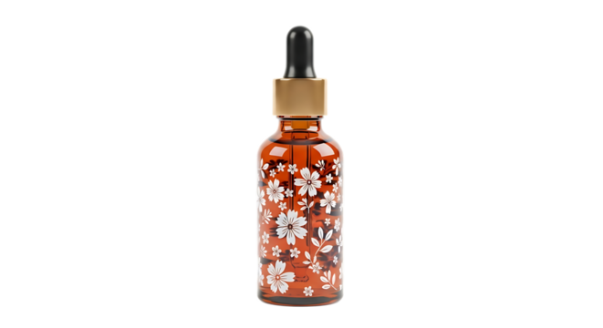 Amber glass dropper bottle, white floral pattern and gold cap, isolated on white or transparent background, AI